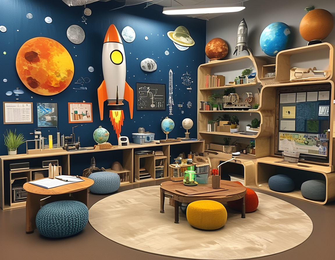 An innovative classroom environment depicting children engaged in hands-on learning projects related to technology and engineering, inspired by Elon Musk's teaching philosophy.