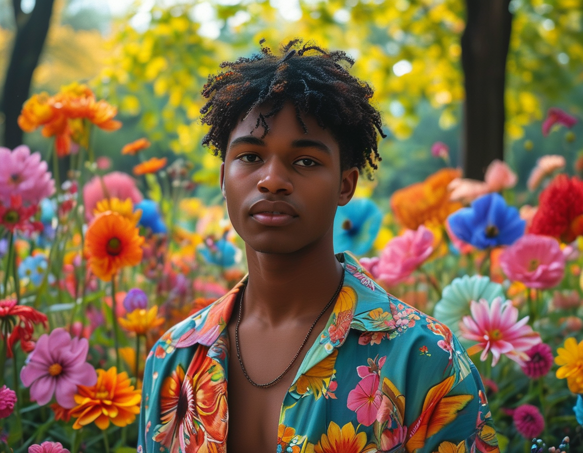 A poignant scene depicting a young person standing confidently in a park, with a backdrop of colorful flowers symbolizing diversity and acceptance, showcasing their strength in embracing their identity.