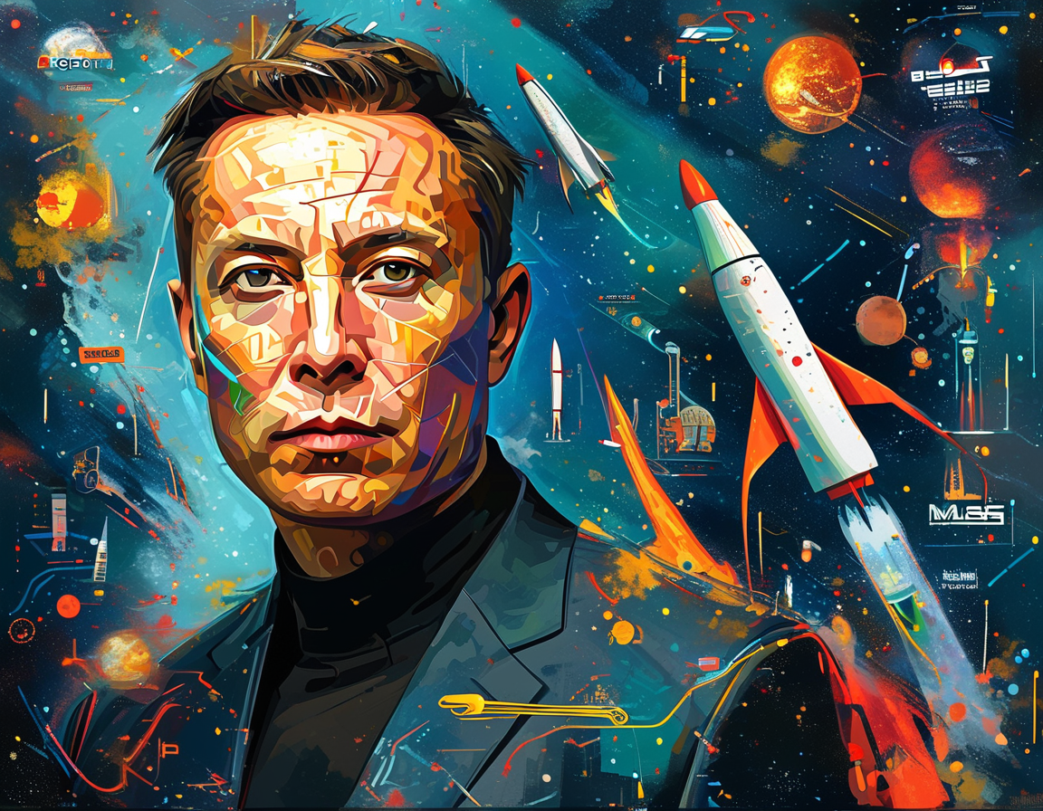 An abstract portrayal of Elon Musk, depicting elements of technology, space exploration, and electric vehicles, symbolizing his diverse influence on various industries and society.