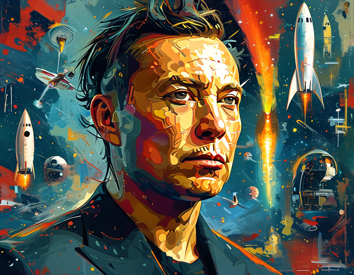 A split image showing Tesla vehicles on one side and SpaceX rockets on the other, capturing the dual nature of Musk's innovations in electric transportation and space exploration.