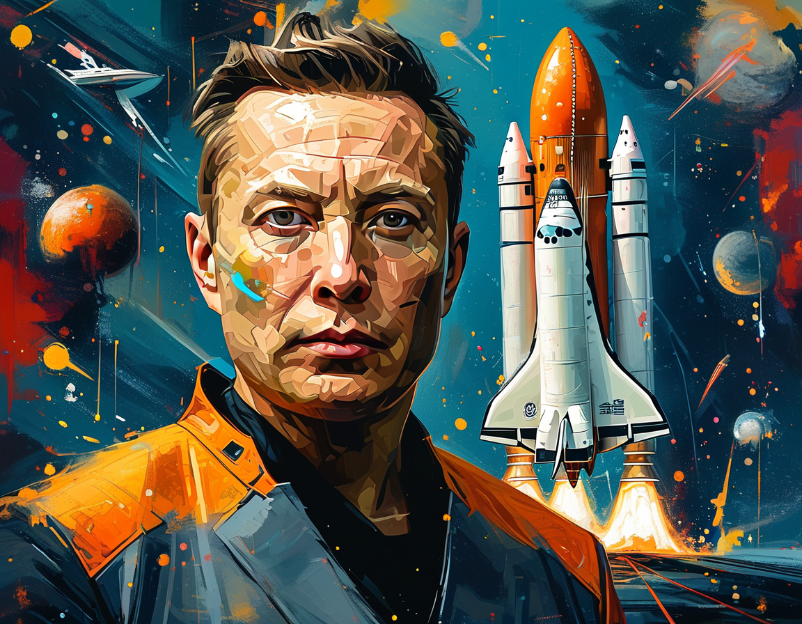 A crowd of diverse people looking up towards a futuristic skyline, representing the societal hopes and concerns tied to Musk's vision for humanity's future.