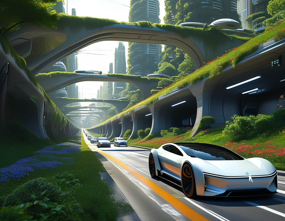 A futuristic cityscape showcasing electric vehicles, autonomous cars, and tunnels, illustrating Elon Musk's vision for a sustainable and efficient transportation future.