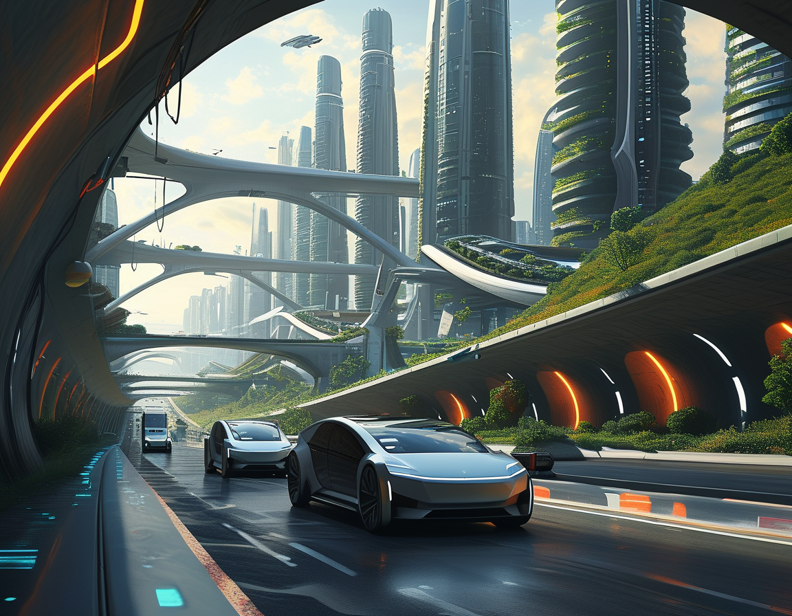 A sleek Tesla car navigating through a smart city with solar panels and charging stations, representing the advancement in electric vehicle technology and sustainability efforts.