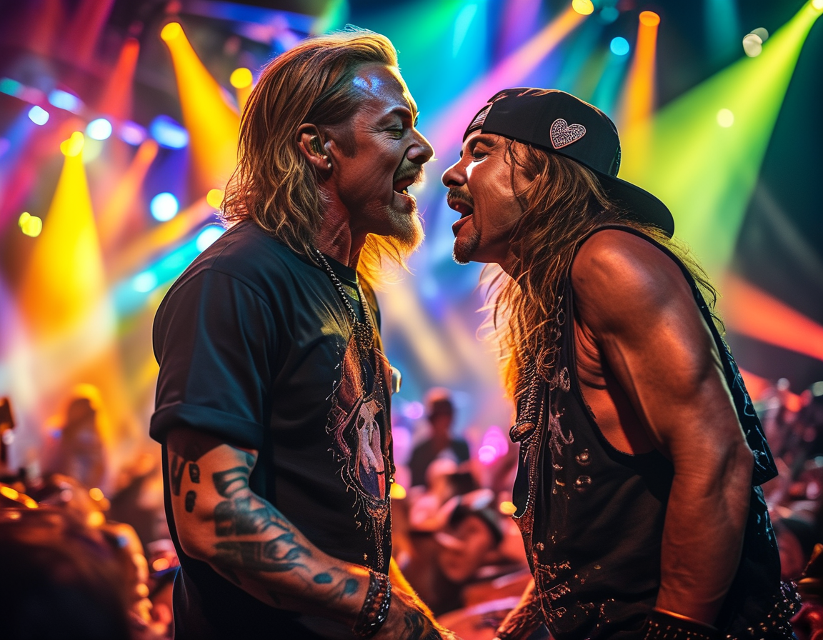 A vibrant concert scene showcasing Vanilla Ice and Kid Rock performing together on stage, engaging with a diverse crowd under colorful lights, capturing the essence of their unique musical collaboration.