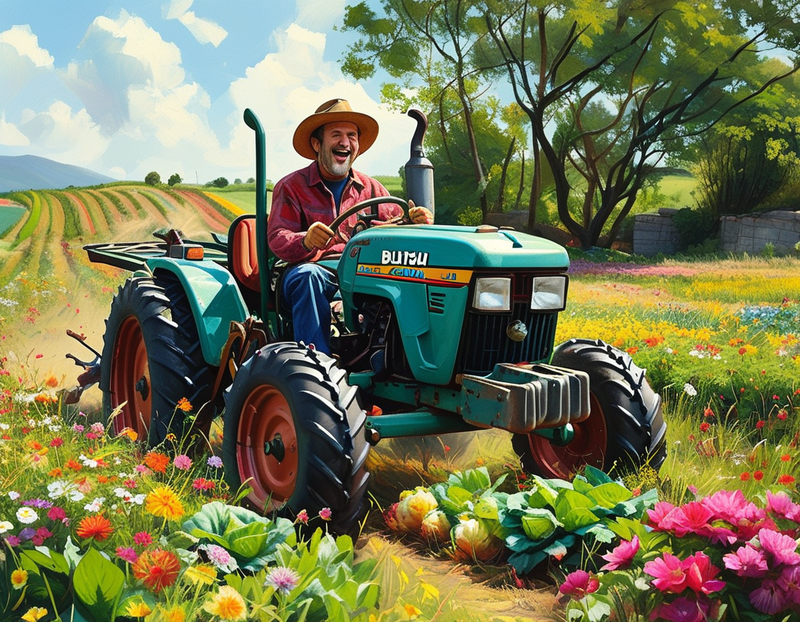 Blake Shelton happily riding his Kubota tractor in the fields, surrounded by blooming flowers and colorful vegetables, laughing as he plants seeds while singing a humorous parody.