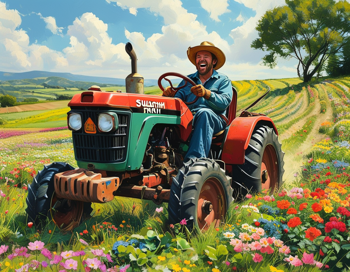 Blake Shelton planting seeds in his garden, microphone in hand, playfully singing lyrics from a parody while his Kubota tractor is parked nearby, encapsulating the joy of farming and music.
