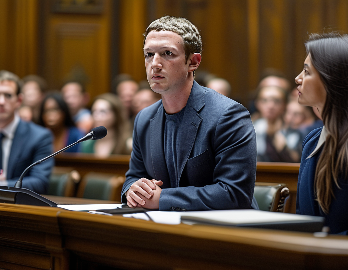 A tense courtroom scene with Mark Zuckerberg on the witness stand, lawyers from both sides presenting their arguments, and spectators observing the high-profile trial concerning Meta's business practices.