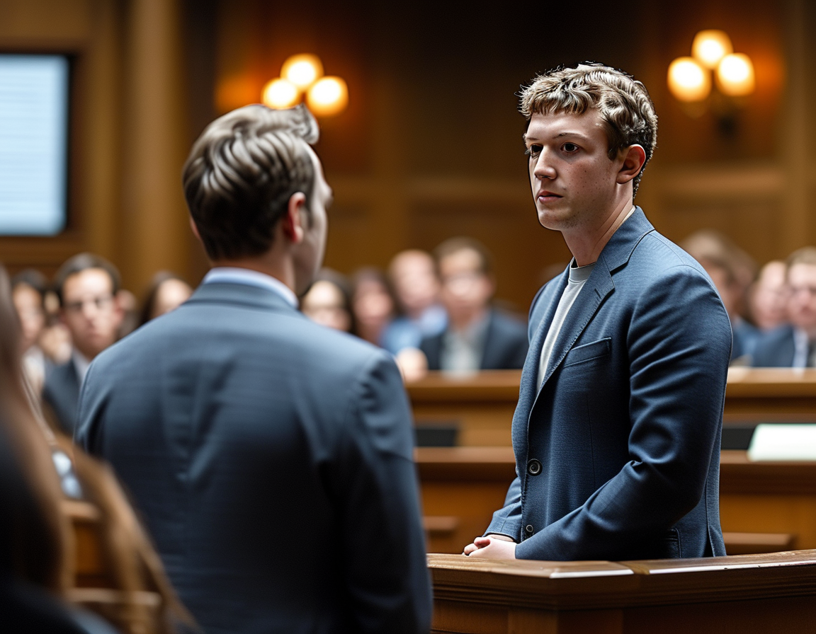 An illustration depicting Mark Zuckerberg speaking confidently while presenting evidence in court, with a backdrop of social media icons representing Instagram and WhatsApp, highlighting the trial's focus.
