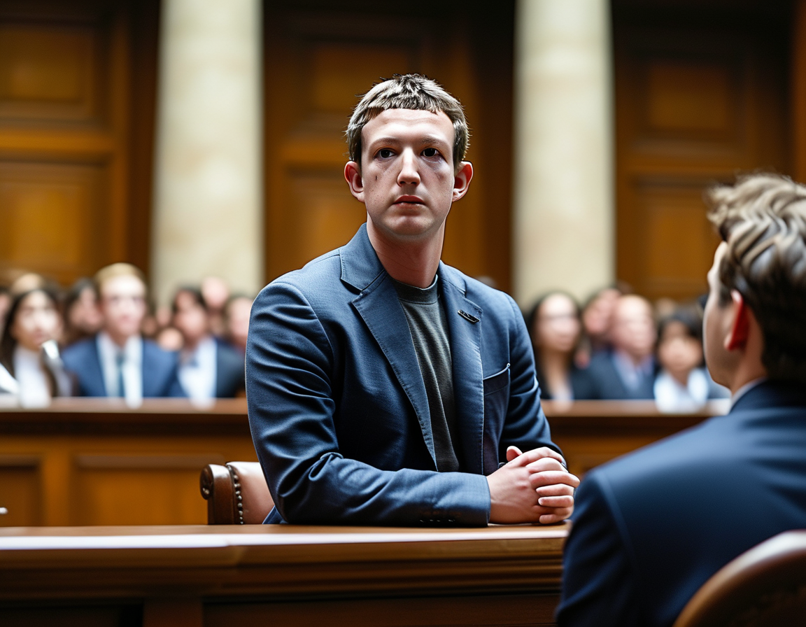 A close-up of a courtroom exhibit displaying key emails and documents related to Meta's acquisitions of Instagram and WhatsApp, underlining the evidence in the monopoly trial.