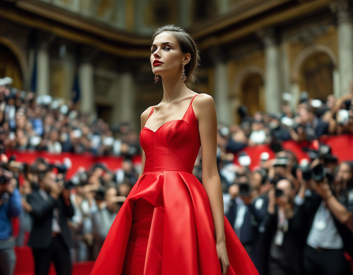 A split image showing social media reactions—memes and comments about the red dress controversy—highlighting the dialogue on fashion's role in international relations.