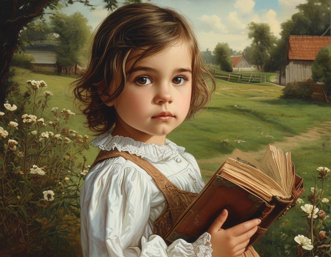 A detailed view of the painting 'The Expected One' showcasing the young girl holding a book, reminiscent of modern technology, set in a pastoral landscape from the 1800s.