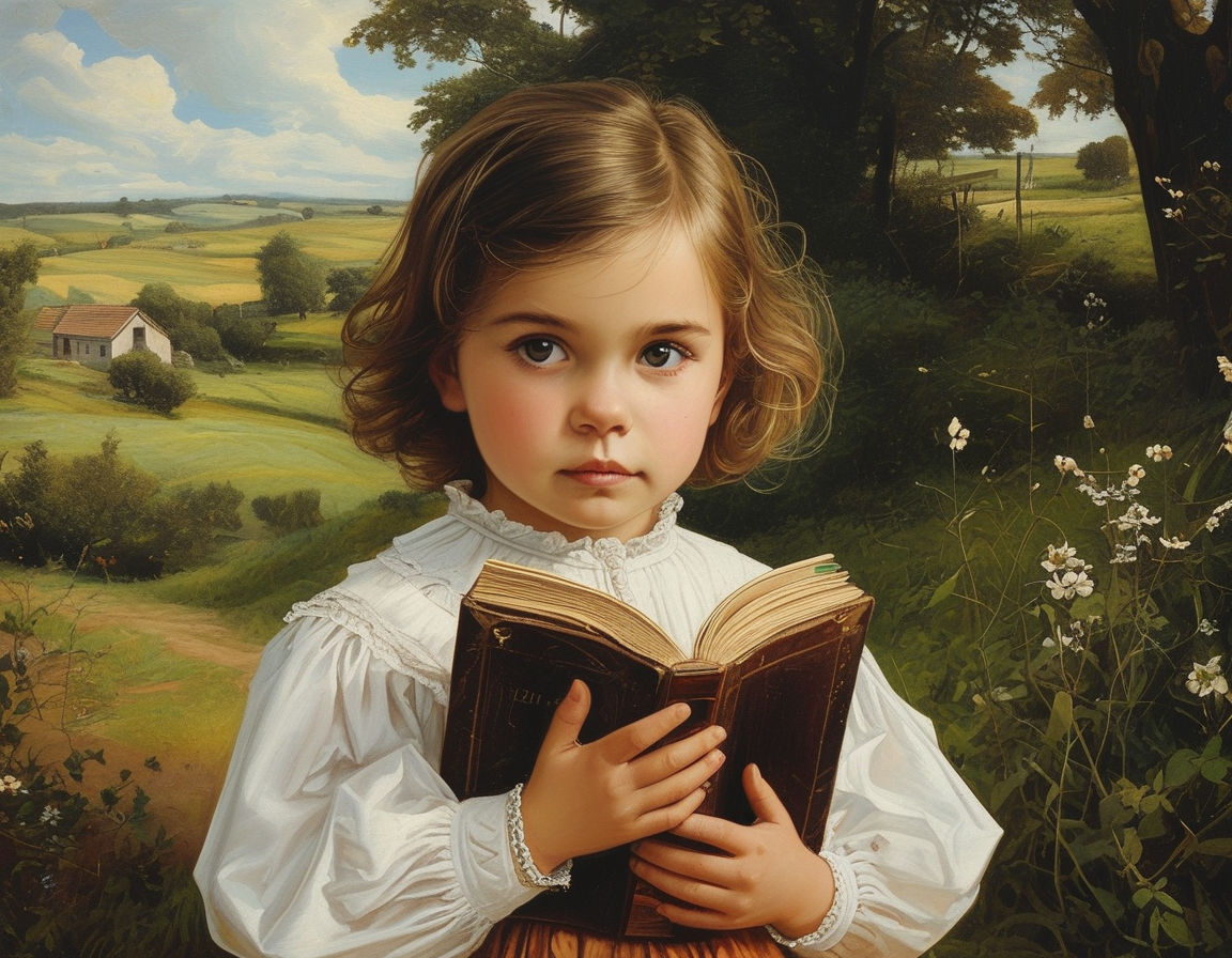 The painting juxtaposes a serene rural scene with a young girl posing as if using a tablet, illustrating the bridge between past art and contemporary technology.