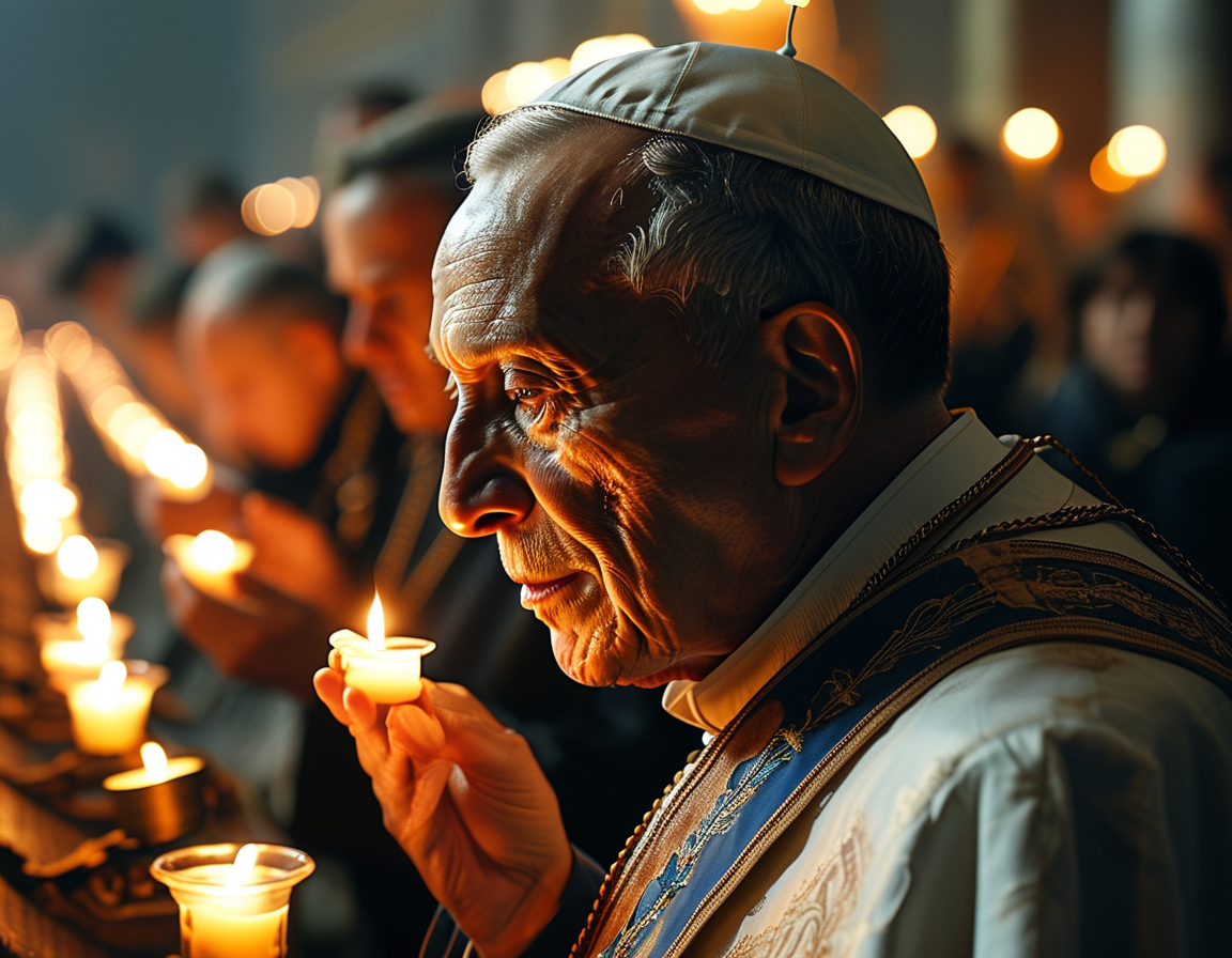 A somber image of the Vatican with candles lit in memory of Pope Francis, highlighting the blend of spirituality and philanthropy demonstrated in Musk's donation.